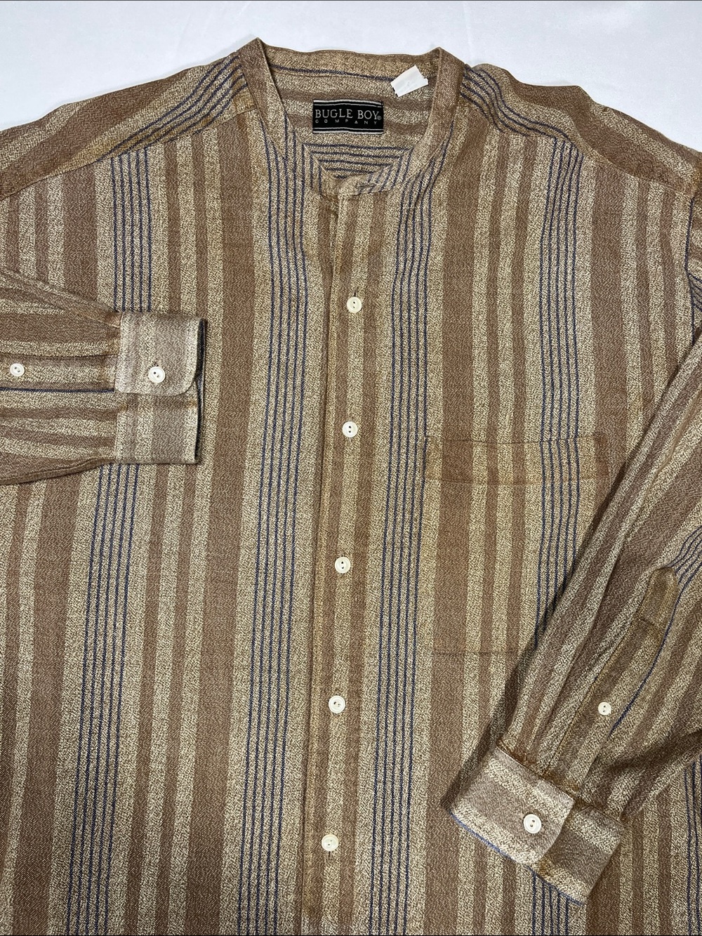 Vintage Bugle Boy XL Band Collar Stripe Cotton Shirt Brown Blue 90s